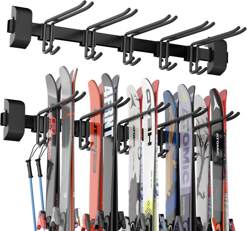 Tdrynl 32" Ski & Snowboard Wall Rack – Heavy-Duty Wall Mounted Ski Storage for Garage, Holds 10 Pairs with 5 Adjustable Hooks, 300lbs Capacity, Non-Slip Rubber, Easy Install | Ski Holders for Wall - Image 1